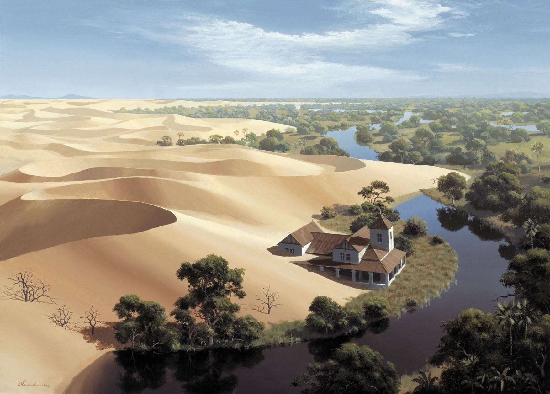 The Frontier, 1995: an aerial view of a colonial homestead half-buried by desert dunes on a bend of a dark river, with green bushveld stretching to the horizon.